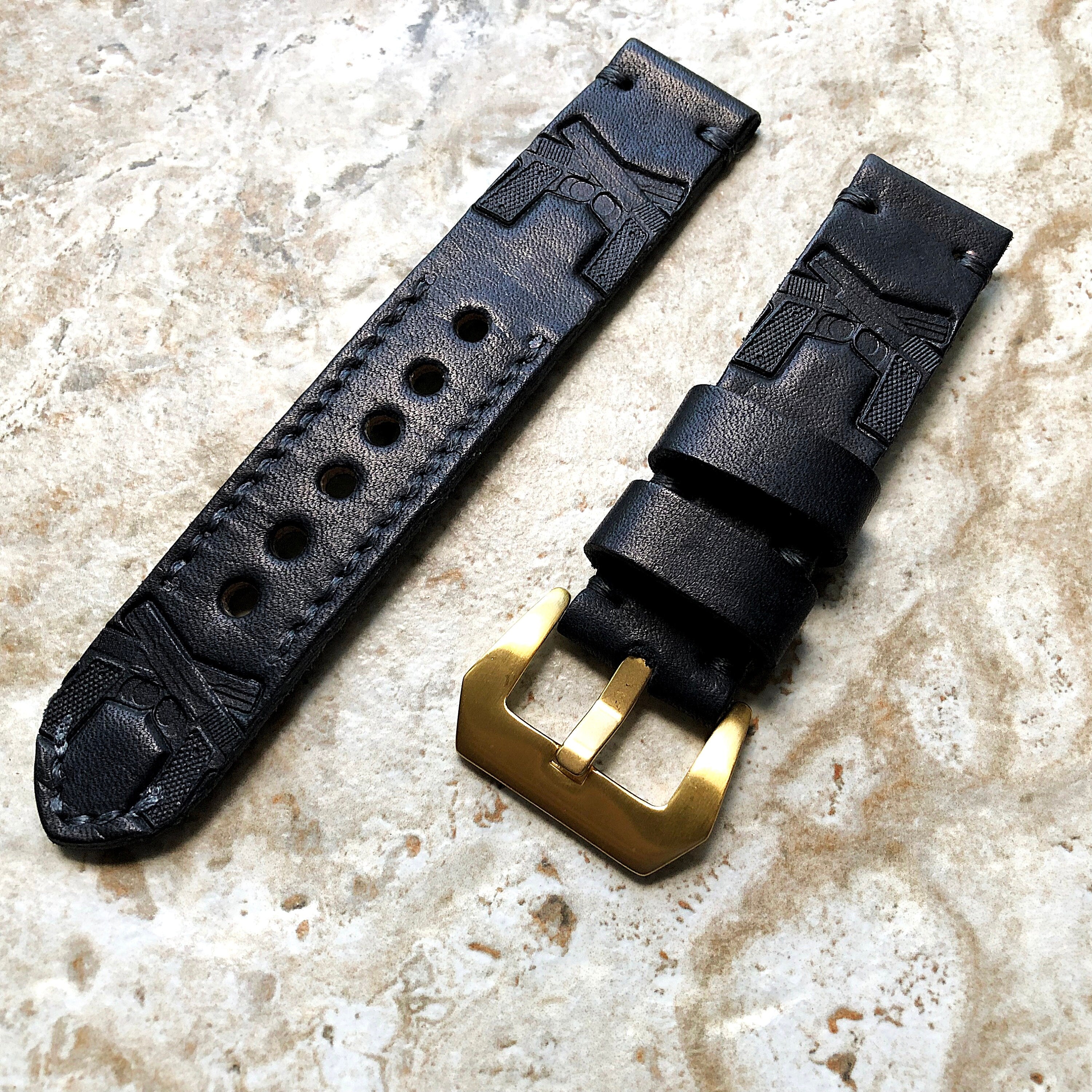 Crossed Pistols Band 22mm 24mm 25mm Embossed Genuine Leather Compatible with Apple Watch Fitbit Versa 2 3 4 Sense 2 Ionic Handmade Strap